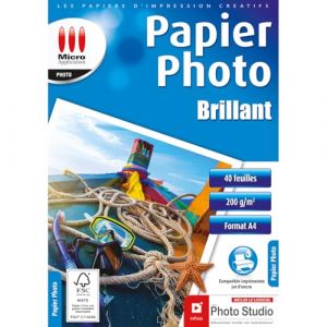 Micro application Papier Photo Finition Brillante - Format A4 - Pack Économique - Grammage 200 g/m² - Compatible pour impressions jet d'encre - 40 Feuilles