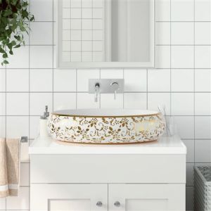 VidaXL Vasque à poser blanc et doré ovale 59x40x15 cm céramique