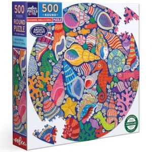 Eeboo Puzzle Rond 500 Pièces Hippocampes, Coquillages et Coraux – Puzzle Adulte en Carton - Format Rond - Monde Marin Illustré - Diamètre 58.5 cm