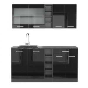 Cuisine R-Line, Noir brillant/Anthracite, 160 cm sans plan de travail, Vicco