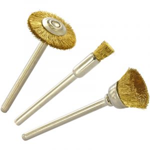 Tivoly Lot de 3 Brosses Laiton Multi-Formes - Pinceau (Ø5mm), Coupe (Ø12mm), Circulaire (Ø19mm) - Brossage du Bois et des Métaux Tendres - Attache : Queue Cylindrique Ø3,2mm - Pour DREMEL/PROXXON