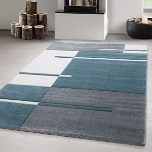 Carpetsale24 Tapis de salon Bleu 120x170 cm, tapis sculpté à la main, moderne design à carreaux, tapis à poils courts