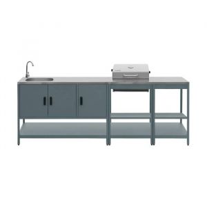 Cuisine ext&eacute;rieure 3 modules acier inoxydable avec barbecue charbon bleu gris Naxos