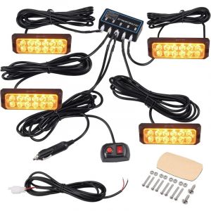 4X Feux de P&eacute;n&eacute;tration 12LED 48W 12/24V Etanche IP65, Lumi&egrave;re Stroboscopique d&rsquo;Urgent Avertissement Orange sur Prise Allume-Cigare 8 Modes Flash pour