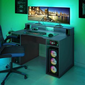 Image de Pegane Bureau pour Ordinateur, Station e-Gaming coloris anthracite en Bois MDF - 88 x 136 x 67 cm -