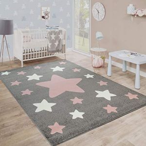 Paco Home Tapis Chambre Enfant Tapis Enfant Grands Et Petits &Eacute;toiles Gris Rose 160 cm rond