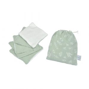 Bébé Douceur, Set de 5 Débarbouillettes Gaze de Coton et Eponge 11 x 11 cm avec Pochon Céladon