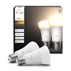 Philips Hue Ampoule LED connectée A60, Lumière blanche chaude 2700 K, Culot E27, 9,5 W, 1100 lumens, Intensité variable, Compatible avec Alexa, Google Assistant et Apple Home, pack de 2