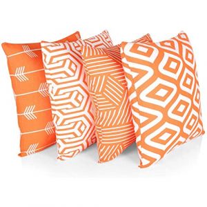 Penguin Home 100% Coton Décoration Double Face Housses Carré avec Fermeture Éclair Invisible 4-P èce Set, 45 cm Longueur x 45 cm Largeur, Mélange Orange/Blanc