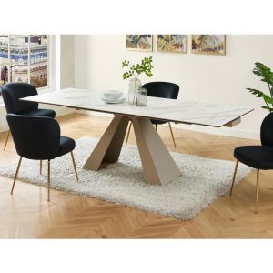 Table à manger extensible 6 à 10 couverts en verre trempé, céramique et métal - Effet marbre blanc et beige - LOZIPA de Pascal MORABITO