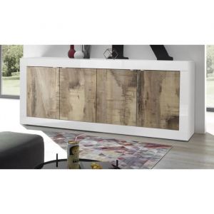 Buffet 4 portes, collection CISA, coloris blanc et chêne clair, idéal pour un salon ou une salle à manger moderne