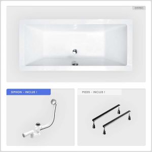 Baignoire rectangulaire - 165 x 75 cm - sans Habillage - avec Pieds - Vidage Chrome - QUADRO SLIM