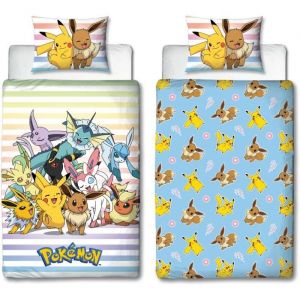 Parure de lit r&eacute;versible - POKEMON - Pikachu et Evoli - Microfibre - 1 housse de couette 140 x 200 cm + 1 taie 63 x 63 cm