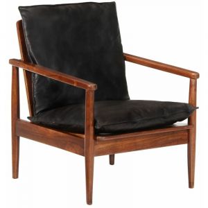 VidaXL Fauteuil Noir Cuir Véritable Et Bois D'acacia Solide