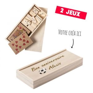 Coffret Jeux de cartes + Dominos - Boite en bois avec couvercle personnalisable pour Pr&eacute;nom & Logo [ Porte cartes a jouer en bois ]