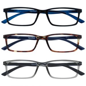 OPULIZE See - Lunettes de Lecture Anti-Lumière Bleue Pack de 3 Montures Étroites Charnières à Ressort Améliore le Sommeil Jeux Ordinateur Noir Marron Gris Hommes Femmes BBB9-127 +3.50