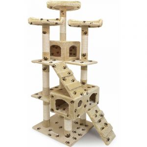 Deuba Cadoca - Arbre &agrave; chat 175 cm Griffoir pour chats avec 3 plateformes 2 niches Poteau en sisal - Couleur au choix Beige Motif emprunte de pattes