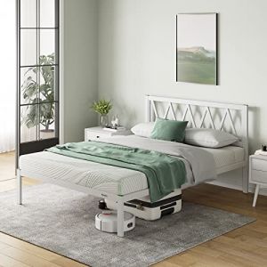 Novilla Cadre de lit Plateforme en métal 30cm, Sommier, avec 5 Pieds Hauts et tête de lit, Rangement sous Le lit, Support à Lattes en Bois,Assemblage Facile,160 x 190 cm, Blanc