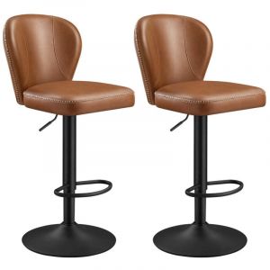 Tabouret de bar pivotant &agrave; 360&deg; lot de 2 hauteur r&eacute;glable avec dossier PU avec coutures style moderne mi-si&egrave;cle pour cuisine bar montage facile marron