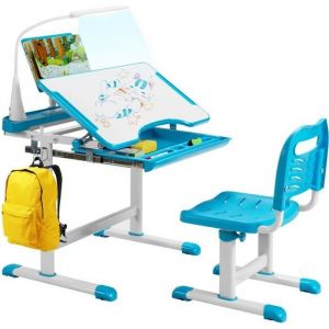 Giantex Bureau Enfants avec Chaise, R&eacute;glable en Hauteur, &Eacute;clairage LED, Bleu