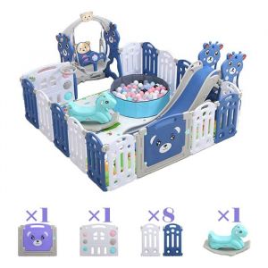 Parc B&eacute;b&eacute; 16+2 Panneaux - Magic Zc Cl&ocirc;ture Pliant De Multifonction, Avec Balan&ccedil;oire, Toboggan Et Cheval &Agrave; Bascule - Wlb Bleu Gris