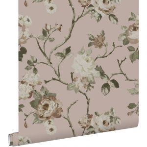 Estahome - papier peint fleurs vintage vieux rose