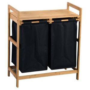 AC-Déco Panier à linge à 2 compartiments en tissu et bambou - Noir/Beige - H 73 x l 64 cm