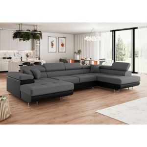 Meublesline Canapé dangle convertible ANNIO en U avec têtières réglables - Gris foncé / Noir