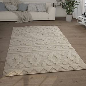 Paco Home Tapis Poils Longs Salon Shaggy Aspect 3D Ethnique Scandinave Doux Crème Beige