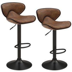 Coast set de 2 tabourets de bar pivotants avec dossier et repose-pieds - hauteur d'assise 65-85 cm - rotation 360&deg; - m&eacute;tal et tissu - brun rustique - 45 x 53 x 81-101 cm