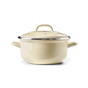 Image de BK Indigo Cocotte Ronde Allemande Emaill&eacute;e H&eacute;ritage N&eacute;erlandaise avec Couvercle avec Rev&ecirc;tement Antiadh&eacute;sif en C&eacute;ramique Sans PFAS, 22 cm/3.3 Litre, Induction, Va au lave-vaisselle et au four, Cr&egrave;me