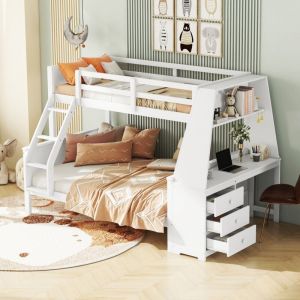 MODFU Lit superposé enfant 90 x 200 cm avec table, grand rangement et garde-corps hauts, blanc