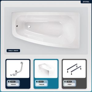Baignoire asymétrique - 150 x 80 cm - Droite - avec Tablier - Pieds - Vidage Chrome - LUNA