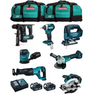 Makita Kit MK704 (DHR171 DGA504 DTD154 DJR186 DJV182 DSS610 DBO180 2 x 5,0 Ah DC18RC 2 x LXT600)