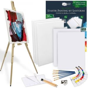 Artina 30pcs Kit Peinture Santorini avec Chevalet Bois Malaga – Set Peinture avec 5 Châssis 12 Couleurs Acryliques Pinceaux