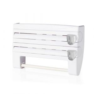 Relaxdays Support Mural 3 en 1 pour essuie-Tout, Aluminium et Film Alimentaire, 24,5 x 38 x 7,5 cm, Blanc