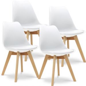 Waytex Lot de 4 Chaises Dorian Design Scandinave Coque Plastique Rigide Blanc Pieds Bois