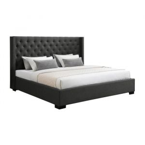 Image de Lit coffre 200 x 200 cm avec tête de lit capitonnée - Tissu - Gris - massimo
