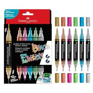Faber-Castell 285517 Black Edition Shake & Paint Marqueurs Acryliques, Ensemble de 6 marqueurs métalliques, Double pointe 3mm & 1mm, Imperméables, Marqueurs Acryliques
