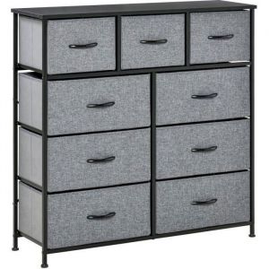 Homcom Meuble de rangement commode 9 tiroirs plateau acier mdf noir non tissé gris