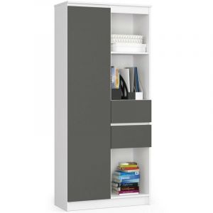 Akord - Bibliothèque de bureau R15 Blanche 80 cm 1 porte 2 tiroirs façade Gris Graphite 7 étagères 80x35x180 cm