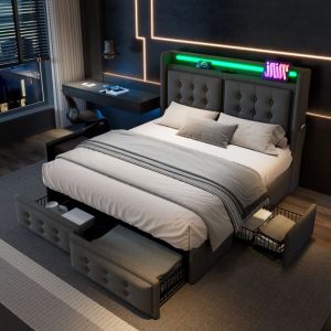 Wishdor - Lit avec tiroirs Lit adulte et ados 140 x 200 cm avec tête de lit led et fonction de chargement usb c et 4 tiroirs, coton, gris, sans