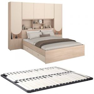 Lit pont 160 x 200 cm avec rangements - Avec LEDs - Coloris : Beige et naturel + Sommier - DOMELITO
