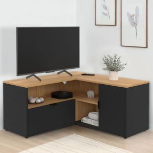 Idmarket Meuble TV 90 x 90 cm d'angle BALTAZAR façon hêtre et noir