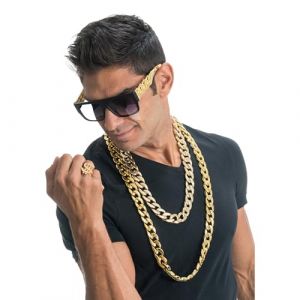 Ruedelafete Chaks - Ensemble de bijoux hip hop 4 pièces, accessoires de costume de rappeur des années 80 90 avec 2 chaînes en or, bague dollar, lunettes