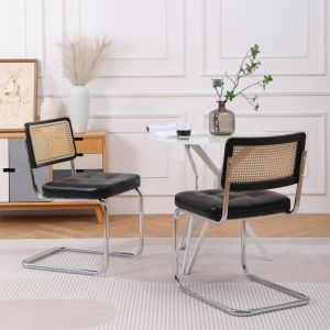 Redom - Chaises de salle à manger modernes noires, lot de 2, chaise de salon rembourrée, dossier en rotin maillé, pieds en métal chromé, pu