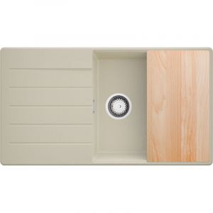 PRIMAGRAN Evier Cuisine en Granit 90x50cm,Lavabo 1 bac + Kit de Vidage + Planche &agrave; D&eacute;couper, &Eacute;vier &agrave; Encastrer au meuble 60cm - Copenhague, Beige