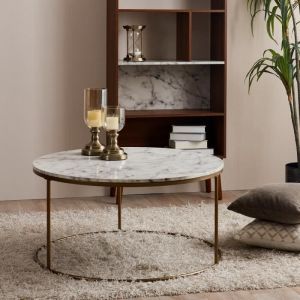 Table basse ronde en bois effet faux marbre pieds métal doré laiton Teamson Home Marmo VNF-00075 - Jaune