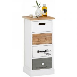 Idimex Chiffonnier SALVA étagère de rangement avec 4 tiroirs en bois de paulownia style shabby chic vintage rustique blanc brun gris