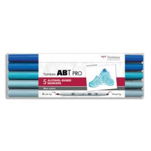 Tombow Set 5 marqueur à based'alcool ABT PRO, pointe en nylon et pointe biseautée - Couleur bleu